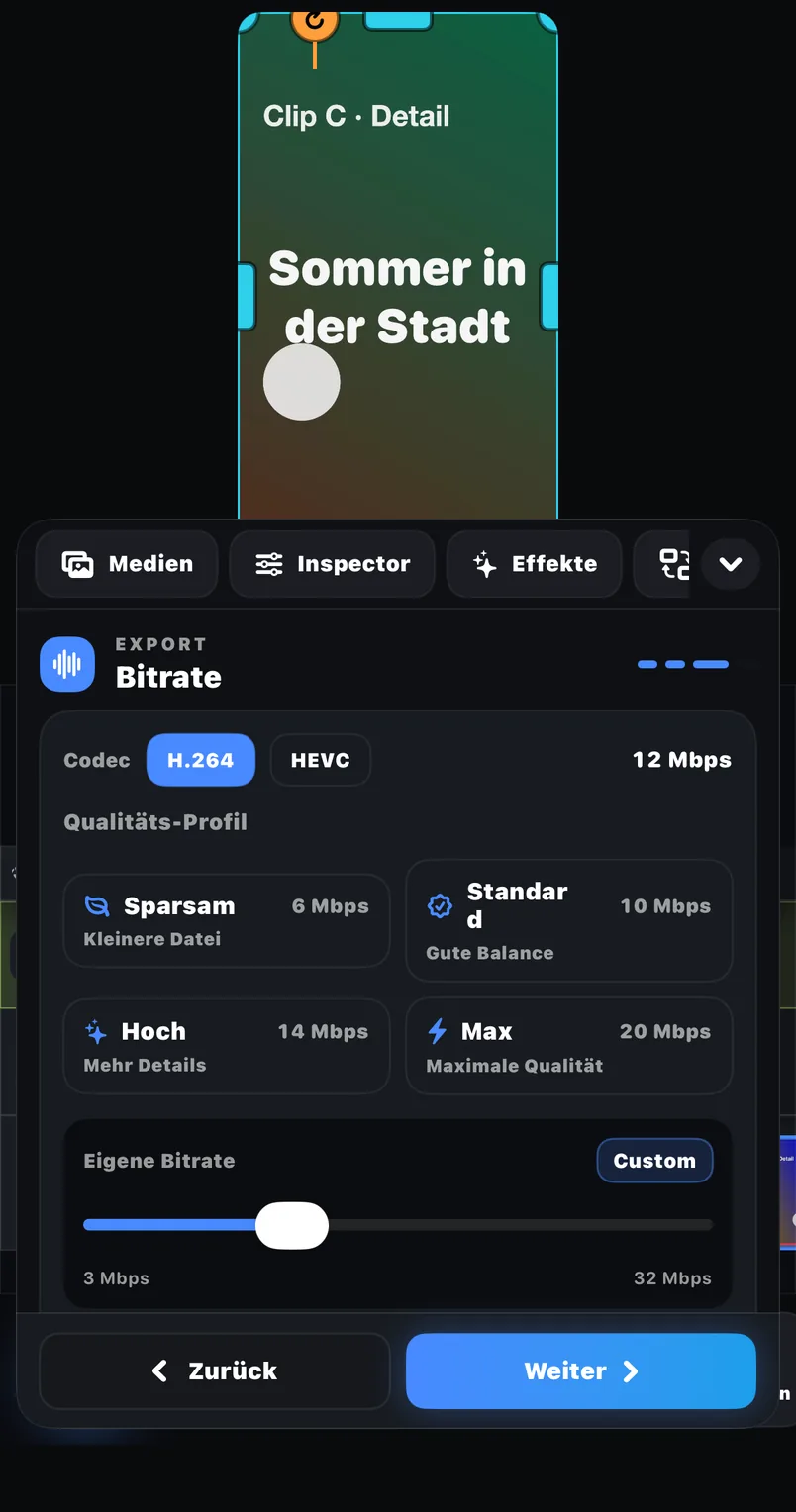 Export-Panel in FreeCut mit FPS, Bitrate, Codec und geschätzter Dateigröße