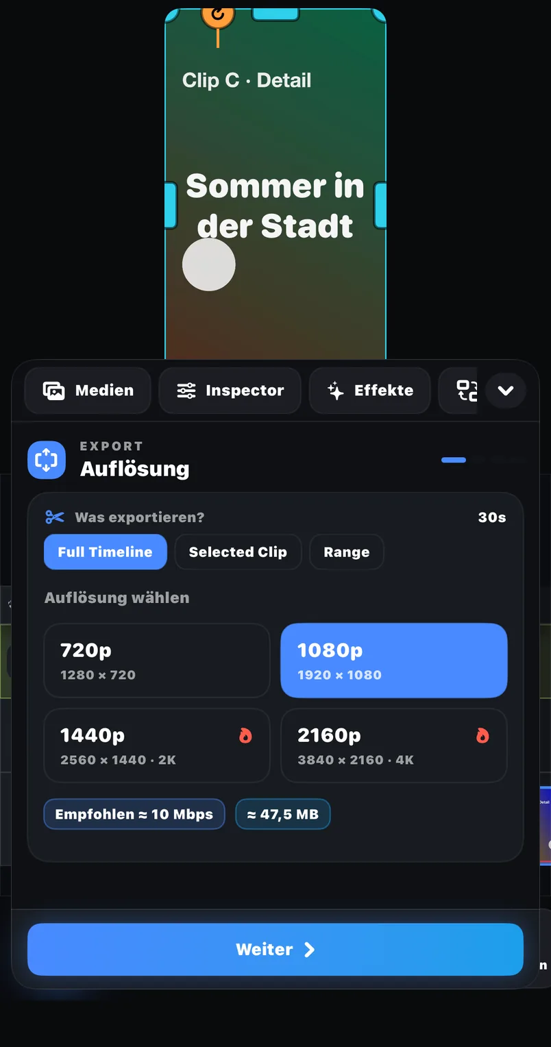 Export-Umfang in FreeCut: gesamte Timeline, ausgewählter Clip oder Bereich