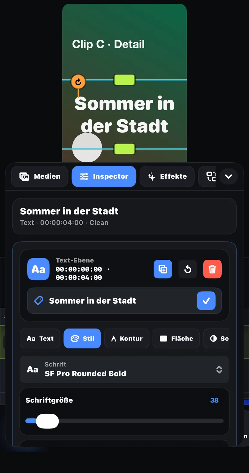 Textebene in FreeCut mit Stil-Optionen für Schrift, Kontur und Hintergrund
